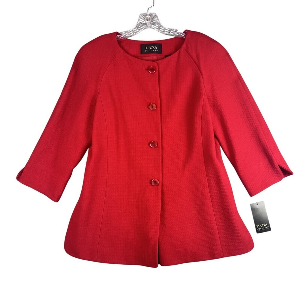 Dana Buchman Women 12 Red Lined Dressy Jacket Button Up Career Wool Blend Blazer